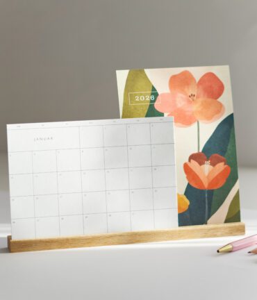 desk calendar 2026 wall planner A5 standing oak stand minimalist monthly calendar follygraph