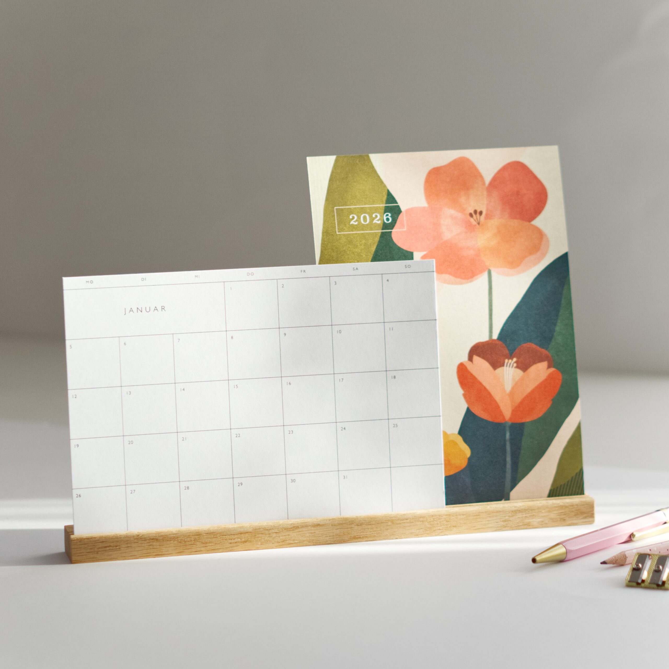 desk calendar 2026 wall planner A5 standing oak stand minimalist monthly calendar follygraph