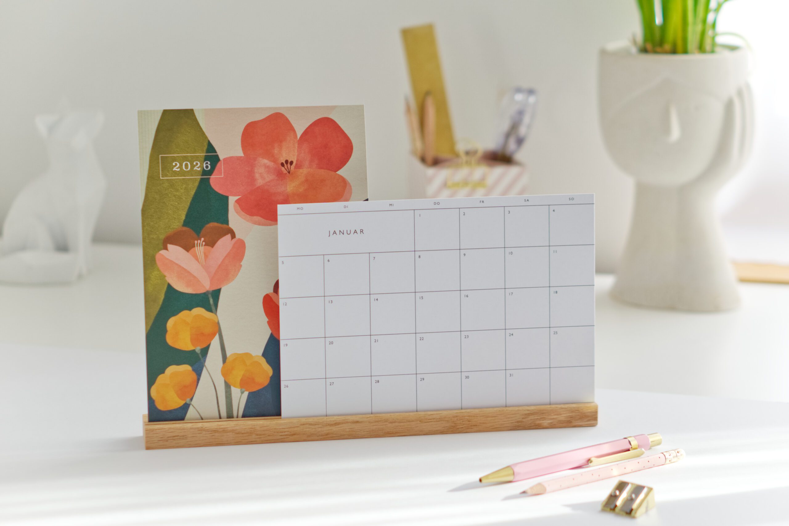 desk calendar 2026 wall planner A5 standing oak stand minimalist monthly calendar follygraph