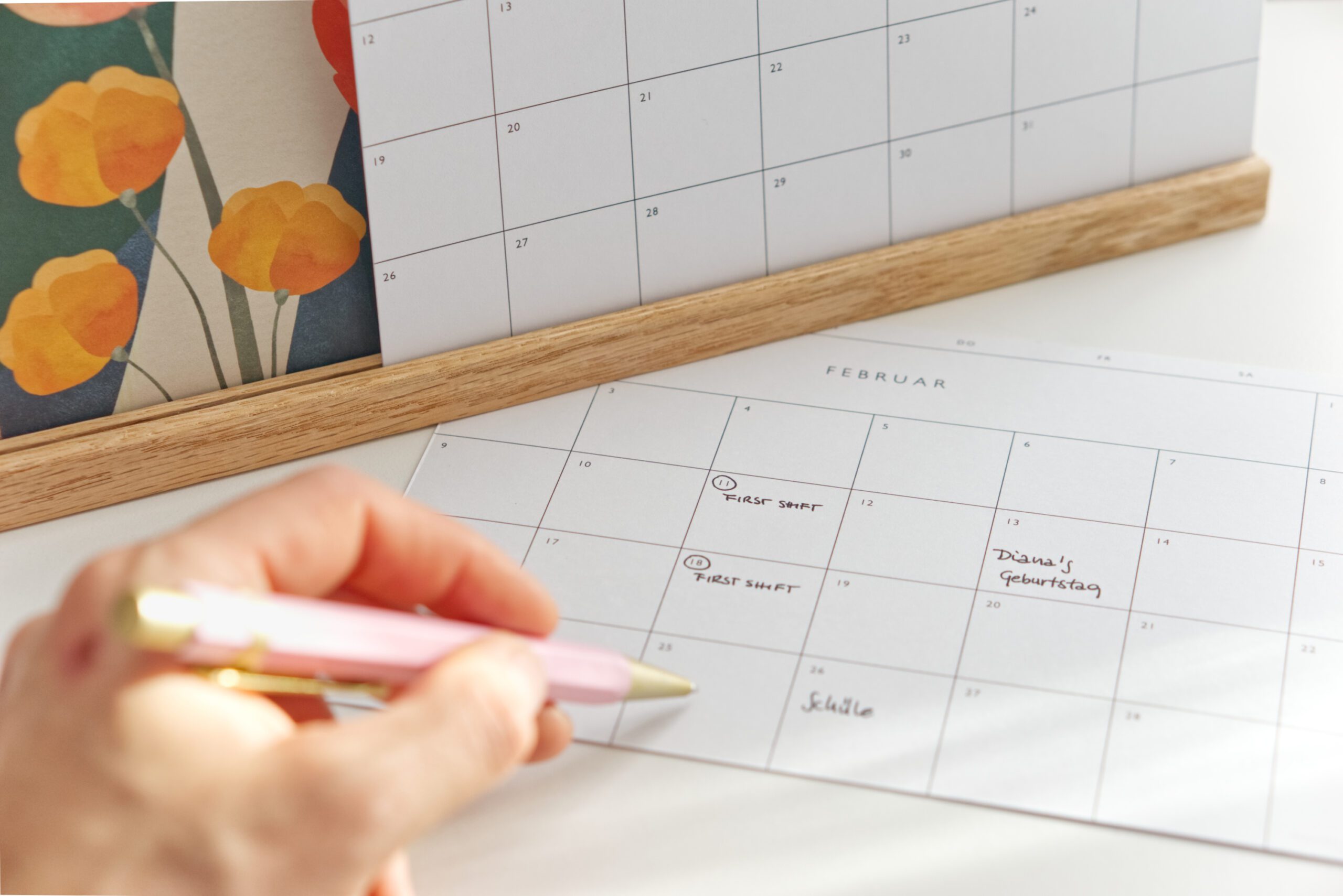 desk calendar 2026 wall planner A5 standing oak stand minimalist monthly calendar follygraph