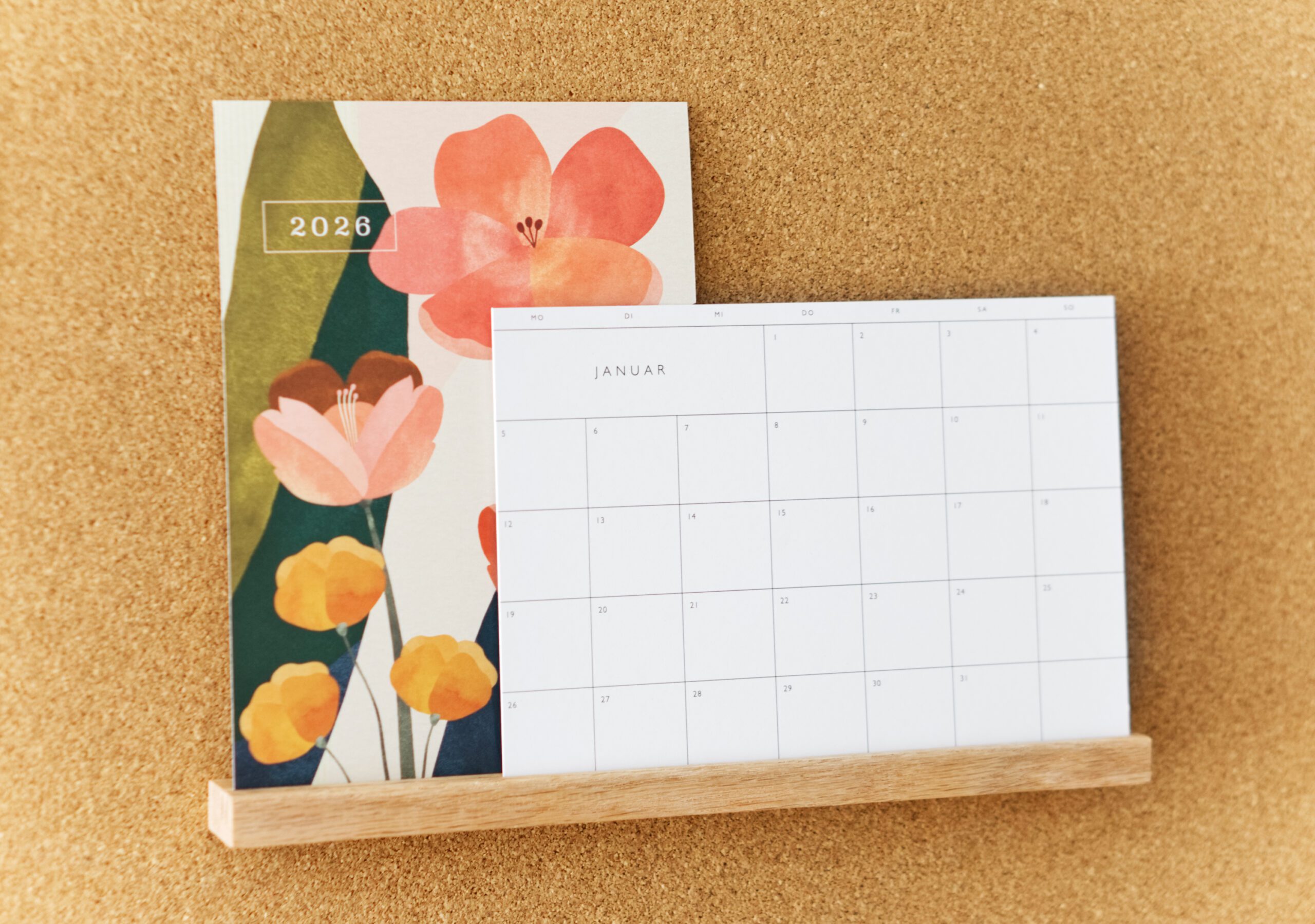 desk calendar 2026 wall planner A5 standing oak stand minimalist monthly calendar follygraph