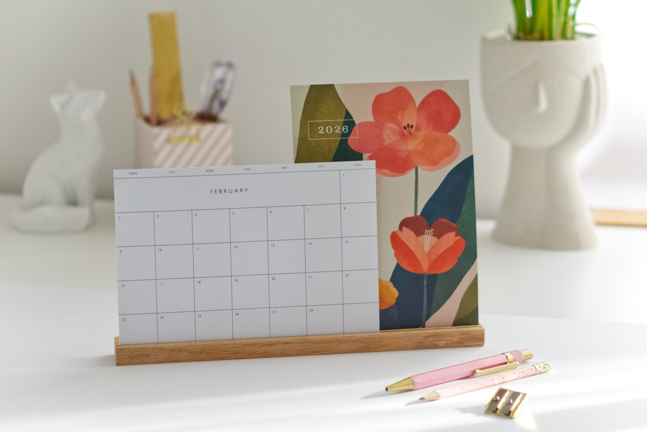 desk calendar 2026 wall planner A5 standing oak stand minimalist monthly calendar follygraph