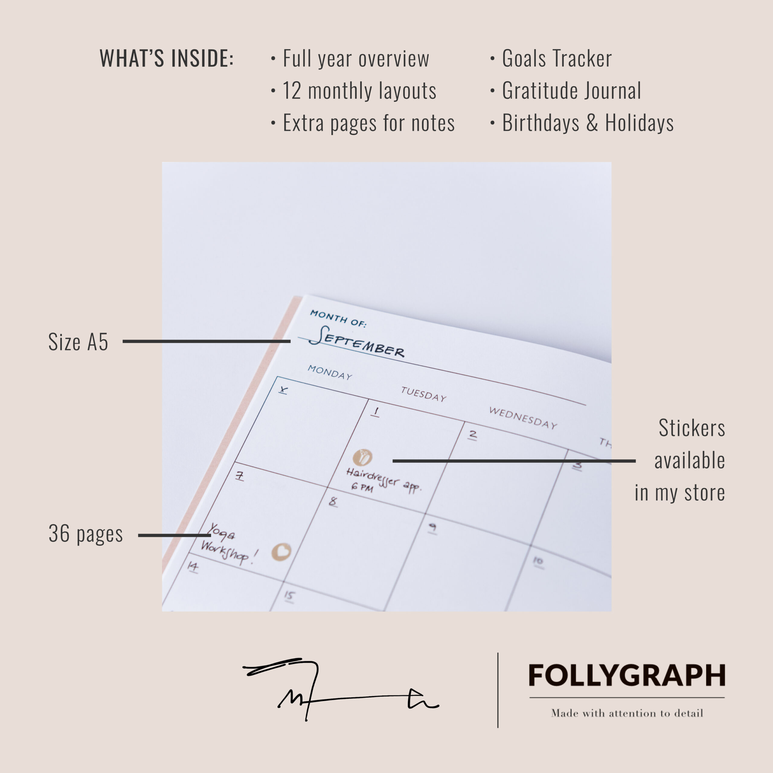 Monthly planner undated a5 follygraph